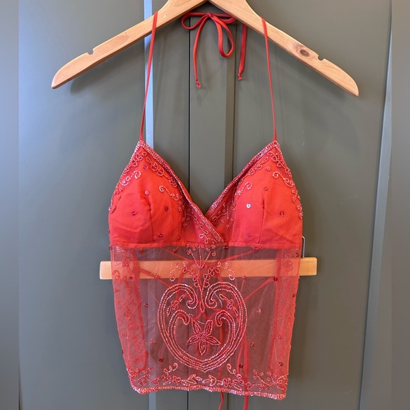 Passport Tops - Passport Vintage Orange Beaded Sheer Open Back Tank Top